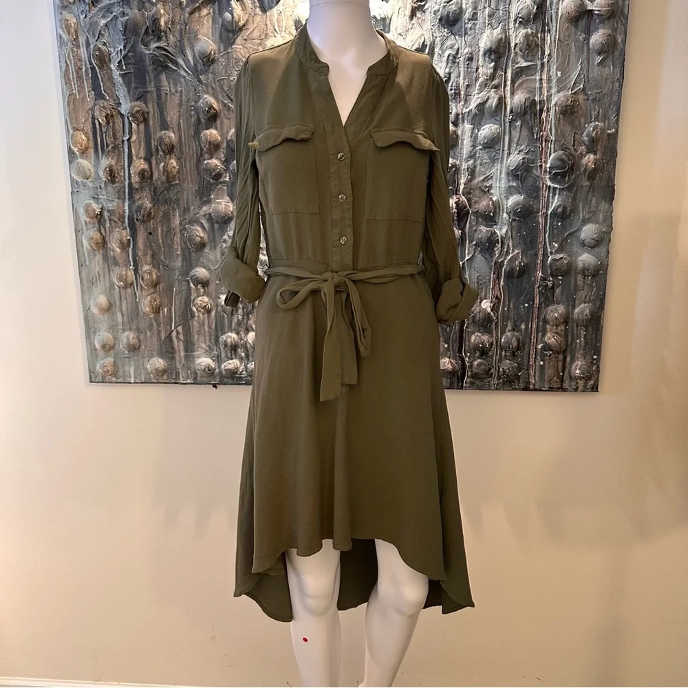 ⭐️ Guess XS Olive Rayon High-Low Shirt Dress *belt loops need repair - Picture 4 of 15